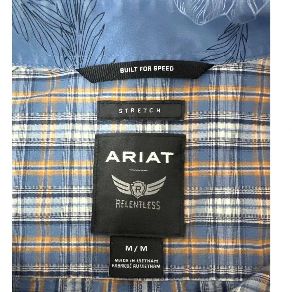 Ariat Relentless Mens Medium Plaid Button Down Shirt Blue Stretch L/S - Picture 8 of 10